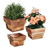 Relaxdays, Juego de 3 maceteros de Madera flameada, para Exterior e Interior, Cuadrados, decoración para Plantas, maceteros