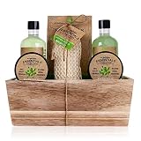 accentra Olive - Set De Regalo Con Cesta De Madera Para Baño, Spa Y Ducha Con Aroma De Oliva, 6 Piezas En Cesta Decorativa De Madera, El Mejor Regalo Para Cumpleaños, San Valentín, Verde/beige