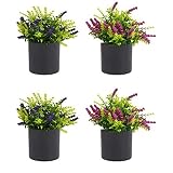 UNISHOP Set de 4 Macetas con Flores Artificiales, Pequeñas Plantas Decorativas para Interior (Negro)