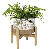 La Jolíe Muse Macetero de cerámica con Soporte de Madera - Macetero Decorativo Interior, Macetero de cerámica Boho, Macetas con Agujeros de Drenaje, 18.5cm, Blanco y Beige Arena