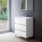 Mueble de Baño Siena a Suelo + Lavabo Cerámico | Mueble Baño con Patas de Fondo Reducido y 3 Cajones (80x40cm, Blanco Brillo)