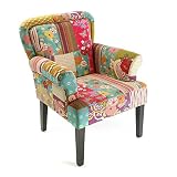 Versa Pink Patchwork Butaca Orejera para Salón o Dormitorio. Sillón Lectura Diseño Vintage, Chesterfield con Apoyabrazos, Medidas (Al x L x An) 89 x 71 x 72 cm, Algodón y Madera, Color Rosa