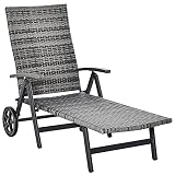 Outsunny Tumbona de Jardín de Ratán 192x74x55 cm con Respaldo Reclinable en 7 Posiciones Reposabrazos y Ruedas Marco de Aluminio para Patio Terraza Balcón Gris