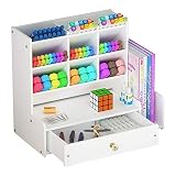 Organizador de escritorio con cajón, de color blanco y gran capacidad, para guardar bolígrafos y otros artículos de papelería, estante de almacenamiento para oficina, escuela y hogar