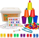 OBEST Contando Osos Colores coordinados Clasificación Tazas Montessori y contando Juguetes educativos (Juego de 73) Caja de Almacenamiento de 60 Osos y 6 Tazas