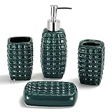 DUFU Juego de 4 Accesorios de Baño Conjunto Accesorios para Lavabo Set Incluye Jabonera Dispensador deJabón Taza Estante de Cepillo de Dientes Set para Decoracion Baño Lujoso Cerámico Verde