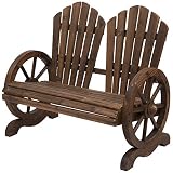Outsunny Banco de Madera Jardín de 2 Plazas con Apoyabrazos en Forma de Rueda para Terraza Patio Balcón 108x66x95 cm Marrón Rústico