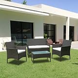 vingo Juego de Muebles de Jardín de ratán para Interior y Exterior, 4 Piezas con 1 Sofá, 2 Sillas con Cojínes Gruesos y 1 Mesa Auxiliar con Tapa de Vidrio, Marrón