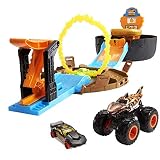 Hot Wheels Rueda de Acrobacias Monster Truck - Plegable con Asa - Lanzador - 1 Monster Truck - 1 Coche 1:64 - 88 cm - Regalo para Niños de 4-8 Años