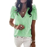 Blusa Mujer Dulce Lindo Verano Cuello V Mujer T-Shirt Sexy Mode Celosía Manga De Lotus Diseño Diario Casual Luz Citas Fiestas All-Match Mujer Manga Corta E-Green XXL