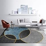Alfombra Pelo Corto Almohadillas para Sala de Estar, Dormitorio Cocina Habitacion baño lavadero vestidor,celosía geométrica líneas Doradas,Blue,120 x 170 cm
