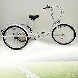 Triciclo para adulto de 24 pulgadas de 6 velocidades, bicicleta de pedal, con cesta de gran capacidad y luz para compras al aire libre, pícnic o Nica, color blanco