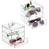 mDesign Juego de 2 apilable Organizador para gafas, gafas de sol, gafas de lectura – 3 Cajones, transparente