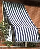 Toldo de rayas para balcón, porche o terraza, con anillas y ganchos, tejido resistente de exterior, tamaño 145 x 250 cm, aprox. color azul y blanco
