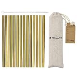 Navaris Pajitas de bambú Reutilizables - Set de 14 cañitas biodegradables para Beber con Cepillo de Limpieza y Bolsa de Lino - Ecológicas y sin BPA