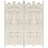 vidaXL Madera Mango Biombo 4 Paneles Tallado a Mano Divisor Pantallas Separador Dormitorio Salón Oficina Despacho Sala de Estar Decoración Blanco