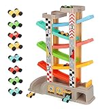 Veluoess Pista de Carrera con 6 Rampas y 8 Mini Coches Arcoiris, Rampa Racer Coche de Juguete con Estacionamiento en la Azotea Juguetes Educativos para Niños