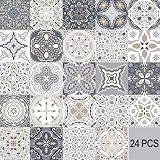 24 piezas pegatinas de baldosas cenefas adhesivas baño vinilo adhesivo vinilos cocina azulejos losetas vinilicas Impermeable protector contra salpicaduras Patrones geométricos (20cmx20cmx24pcs)
