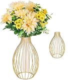 Florero de Cristal, Florero de Vidrio, Florero Cristal de Tubo, Geométrico Metal Forma de Linterna Florero de Tubo de Ensayo con Marco de Metal para Hogar, Oficina, Decoración de Boda (Oro)