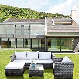 Bigzzia Juego de Muebles de Jardín, 5 Piezas de Ratán Modula, Sofá de Jardín Tejido a Mano, Juego de Muebles de Jardín con Sofá de Esquina, Cojín de Mesa, Salón de Jardín para 5 Personas