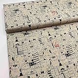 Tela de loneta estampada digital - Retal de 100 cm largo x 280 cm ancho | Gatos y perro - Beige, negro, rojo ― 1 metro