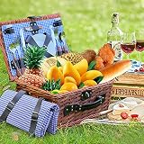 PaNt Cesta de Mimbre para Picnic para 4 Personas, Cesta Grande de Sauce con Gran Compartimento Refrigerante Aislante, Manta Impermeable y Cubiertos para Acampar, al Aire Libre, Cumpleaños (Azul)