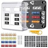 Caja de Fusibles 6 Vías Portafusibles, Caja Fusibles Coche con Lámpara de Alerta LED Kit Bloque de Fusibles Plano ATC/ATO con Bus Negativo para Barco, Marino, Triciclo, Furgoneta, SUV