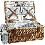 HappyPicnic - Juego de cestas de picnic de mimbre para 4 personas | Cesta grande de sauce con gran compartimento refrigerante aislante, manta impermeable y cubiertos